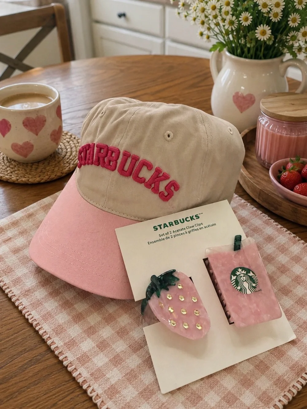Starbucks  PINK Baseball Cap and Hair Clips